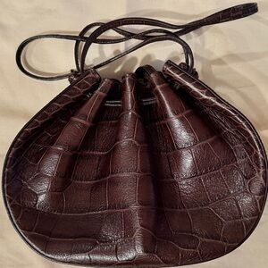 Brown Croc-Embossed Leather Drawstring Shoulder Bag